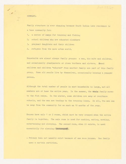 Notes for South Indian Lake