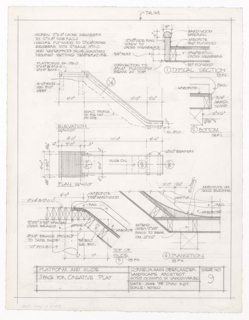 Elevation, section, plan, and details for platform and slide for North Shore Neighbourhood House Playground, Vancouver, British Columbia