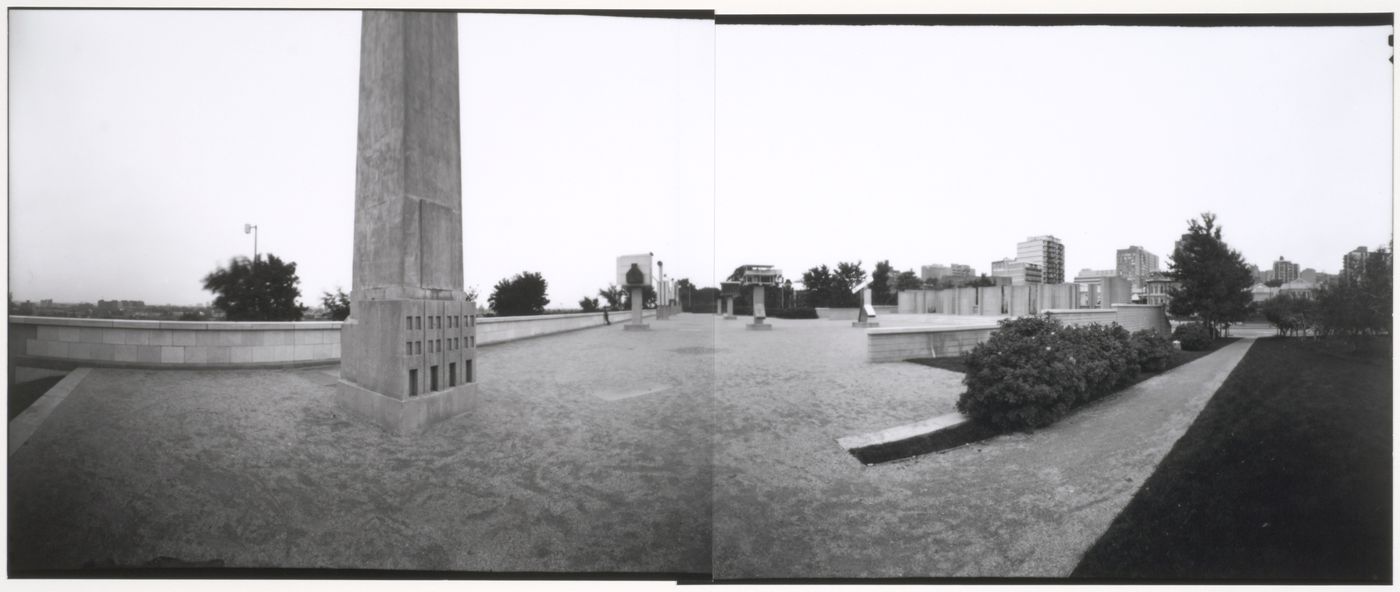Panorama showing the allegorical columns with the Shaughnessy House and the Canadian Centre for Architecture in the right background, CCA garden, Montréal, Québec, Canada