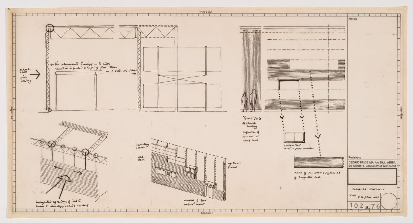 Diagrammatic section, elevations and perspectives of cladding capacity, Inter-Action Centre, London