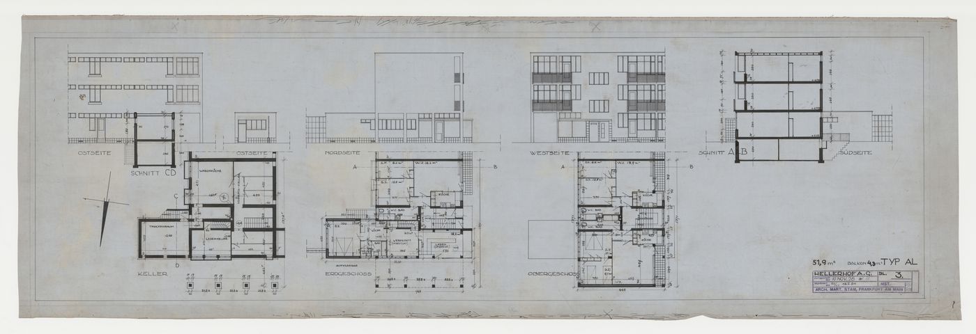 Basement, ground, and first floor plans, north, south, east and west elevations, and sections for a type AL housing unit, Hellerhof Housing Estate, Frankfurt am Main, Germany