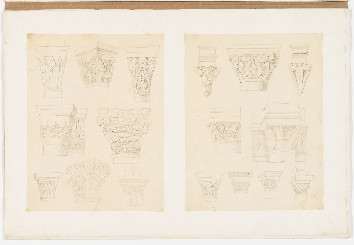 Two drawings of Gothic architectural elements: capitals, corbels and piers