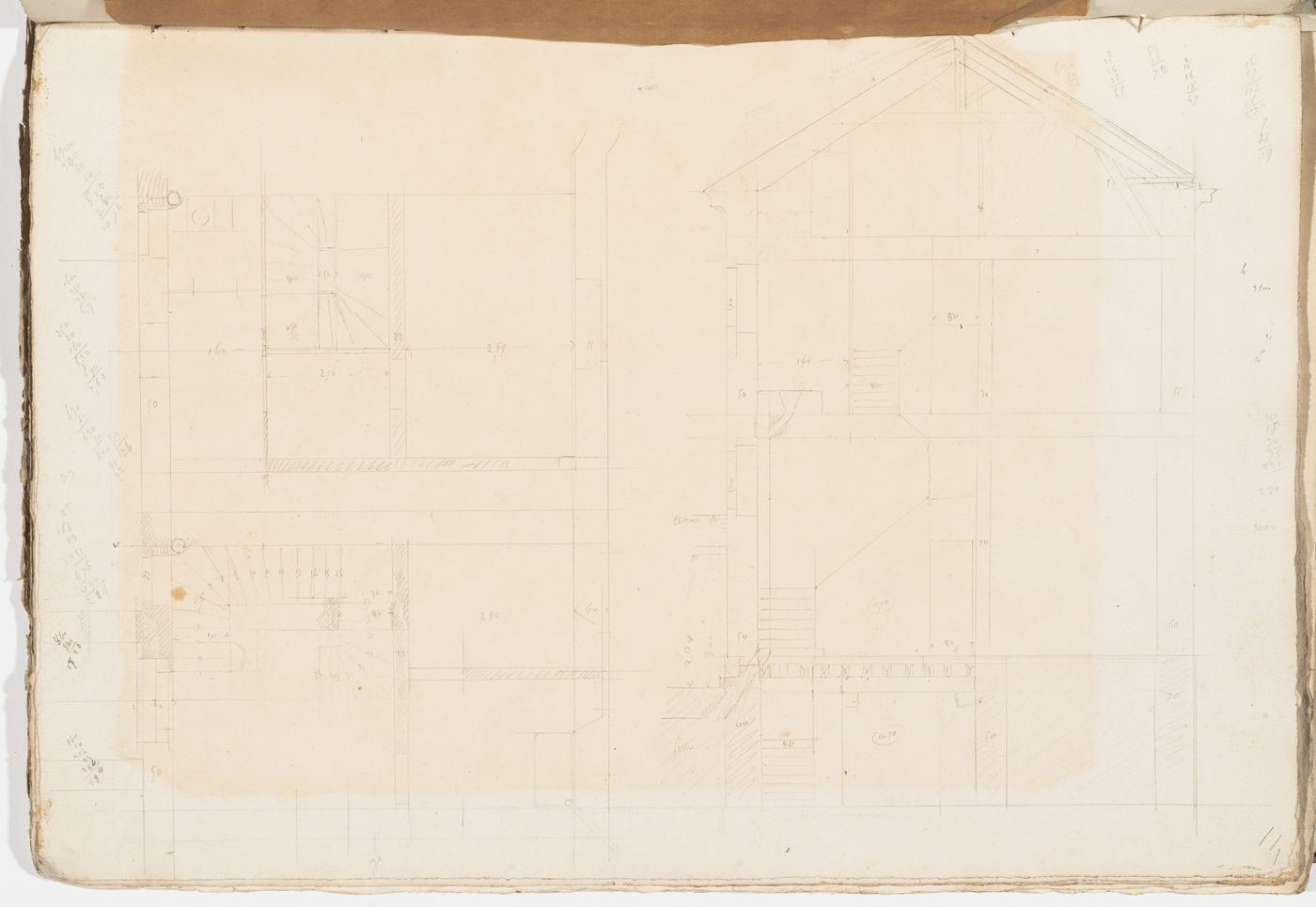 Project no. 9 for a country house for comte Treilhard: Cross section and partial plan showing the stairs