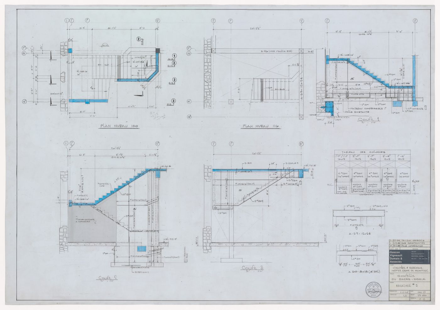 Plans and sections for stairs for the reconstruction of the Chapelle du Sacré-Coeur, Notre-Dame de Montréal