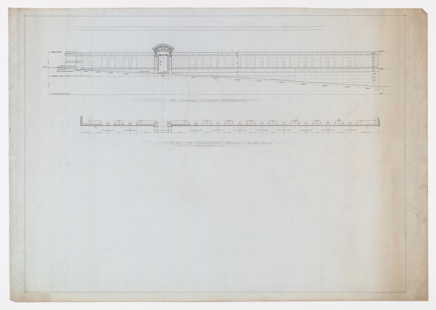 Plans et élévations extérieures des étages inférieures avec devis de pierre, Annexe au Palais de Justice de Montréal, Montréal, Canada (1920-1927)