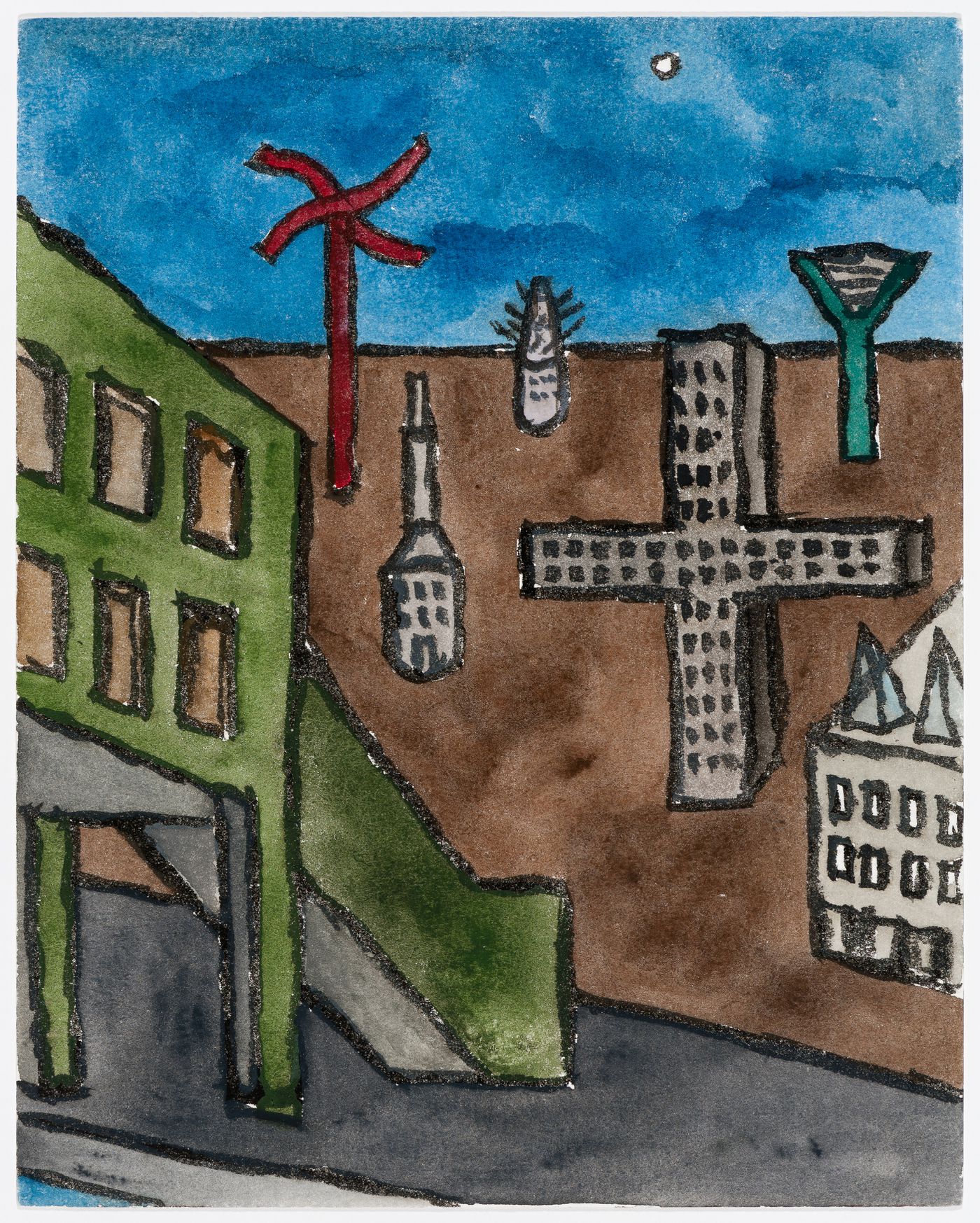 Painting for Berlin Night depicting Canal Bridge, End of Night Structure, Security Bureau, Astronomy Observatory, Building Department, Theater Studios, and Custom House