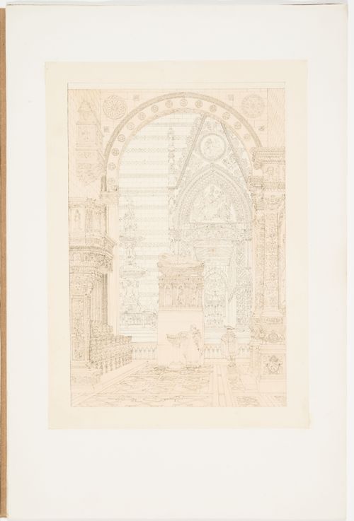 Interior perspective of a Gothic chapel, looking towards a fountain and an elevation of another [?] church, including a view of the nave [?]
