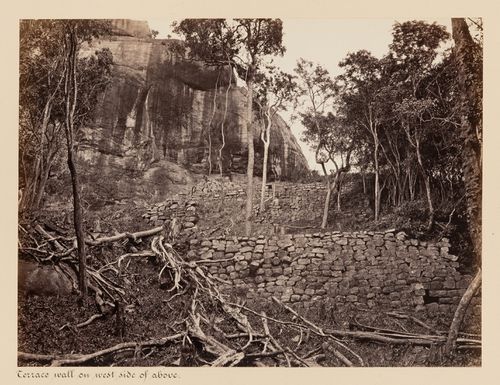 View of the west façade of the fortifications showing retaining walls, Sigiriya, Ceylon (now Sri Lanka)
