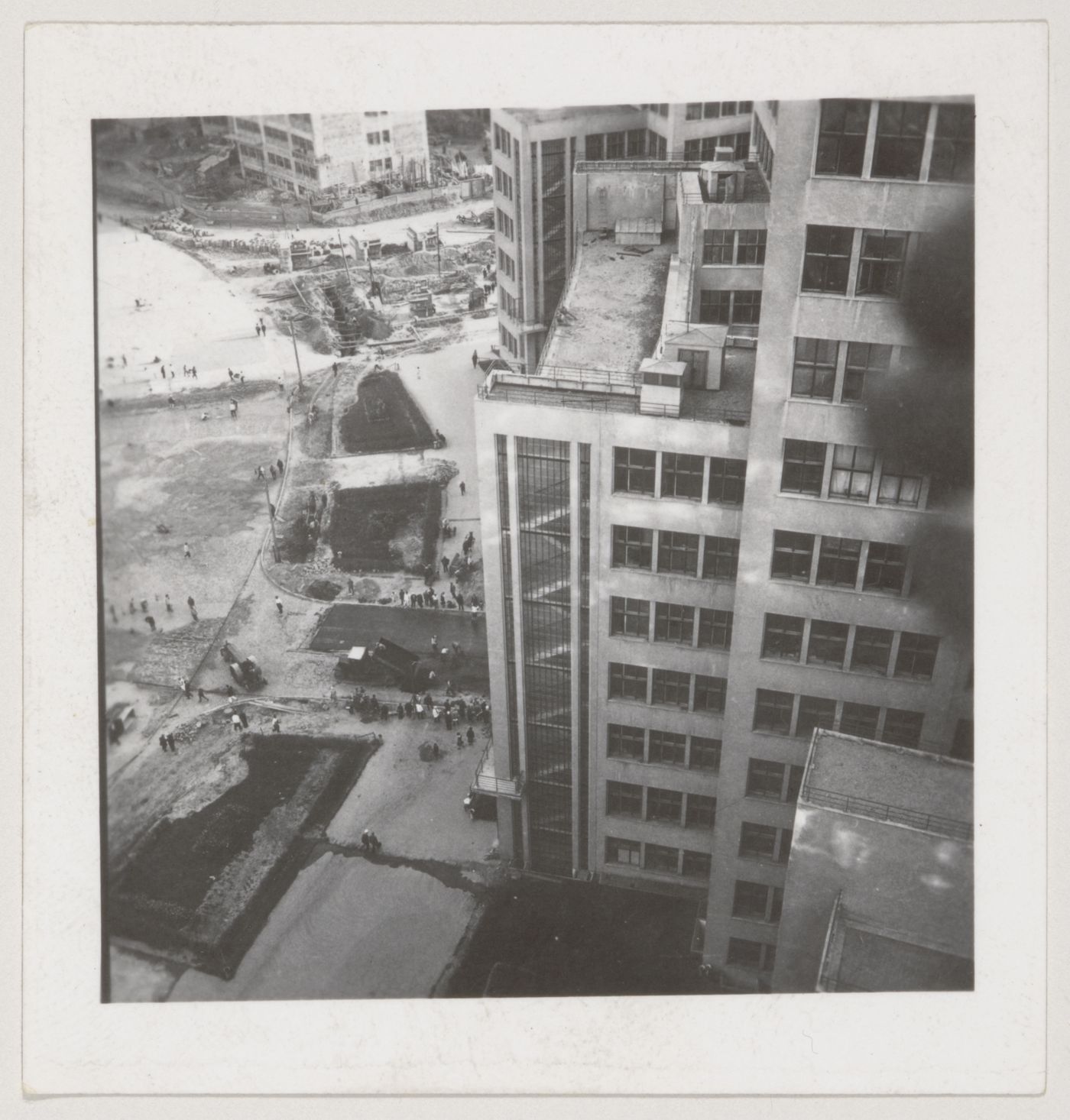 Bird's-eye view of the Department of Industry and Planning (Gosprom) buildings showing Dzerzhinskaya Square under construction, Kharkov, Soviet Union (now in Ukraine)
