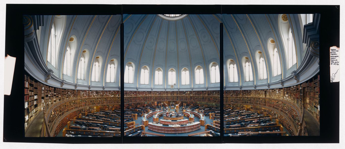 Panorama of the Reading Room showing the domed roof, galleries and desks, the British Library Museum, London, England