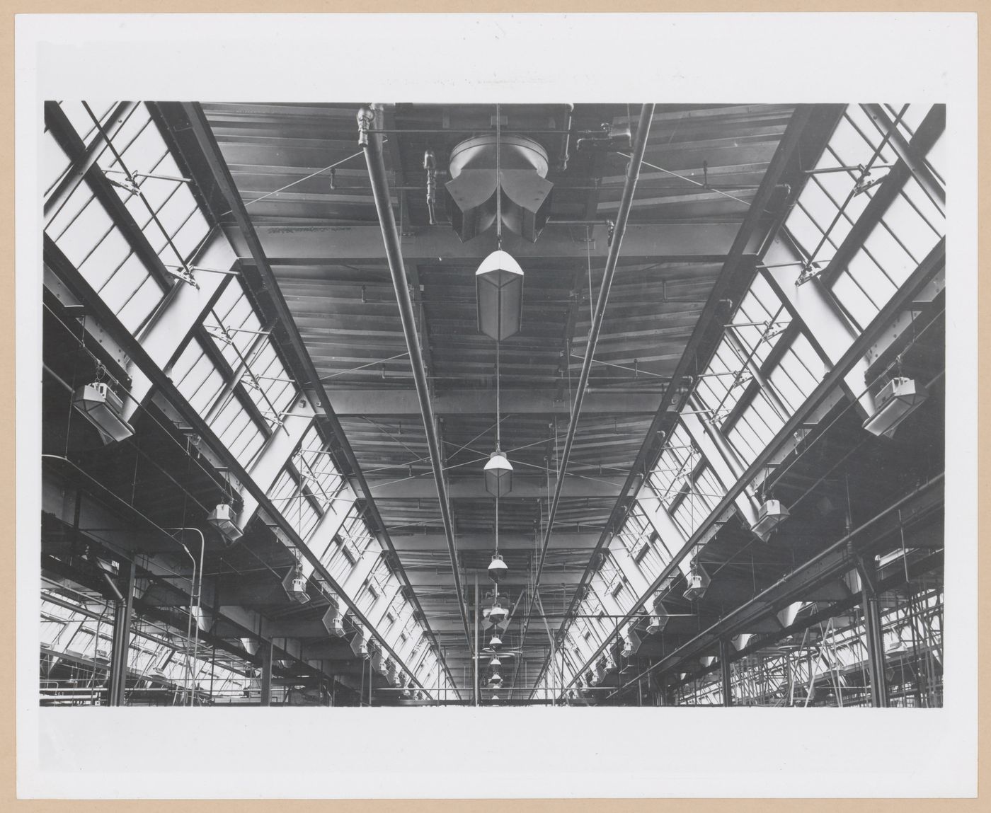 Partial interior view of the ceiling of the Manufacturing Building, General Motors Corporation Delco Appliance division Assembly Plant, Rochester, New York