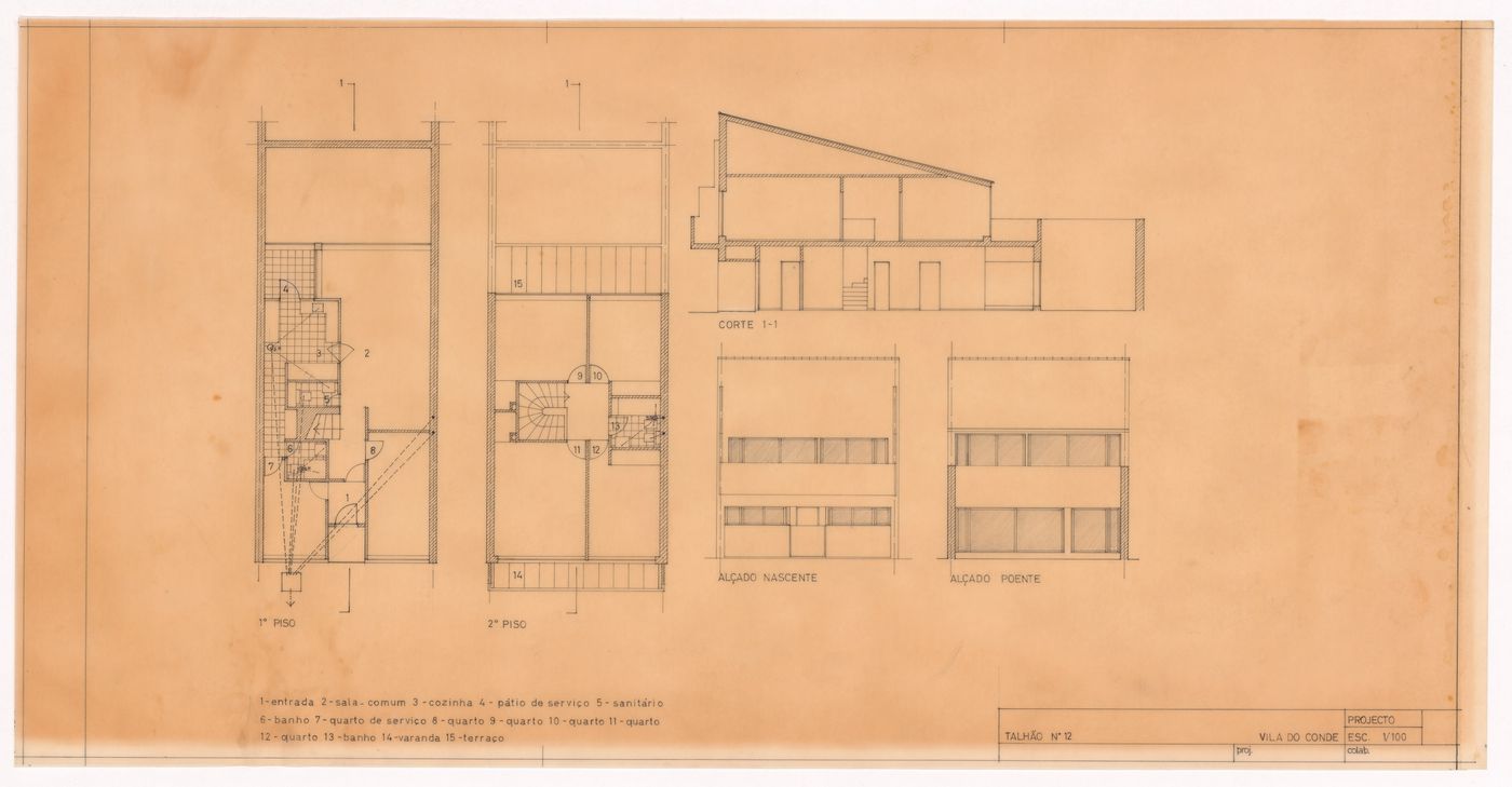 Plans, elevations and section for plot 12 of Conjunto Habitacional em Caxinas, Vila Cova - Vila do Conde, Portugal