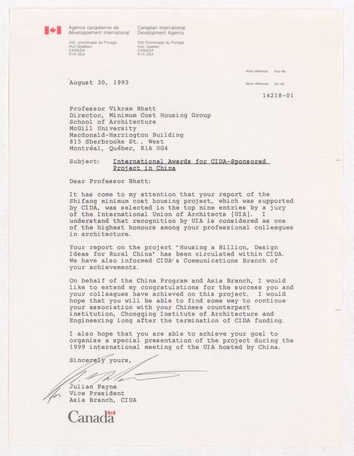 Congratulation letter about the International Awards of the Canadian International Development Agency awarded to the Sichuan housing project
