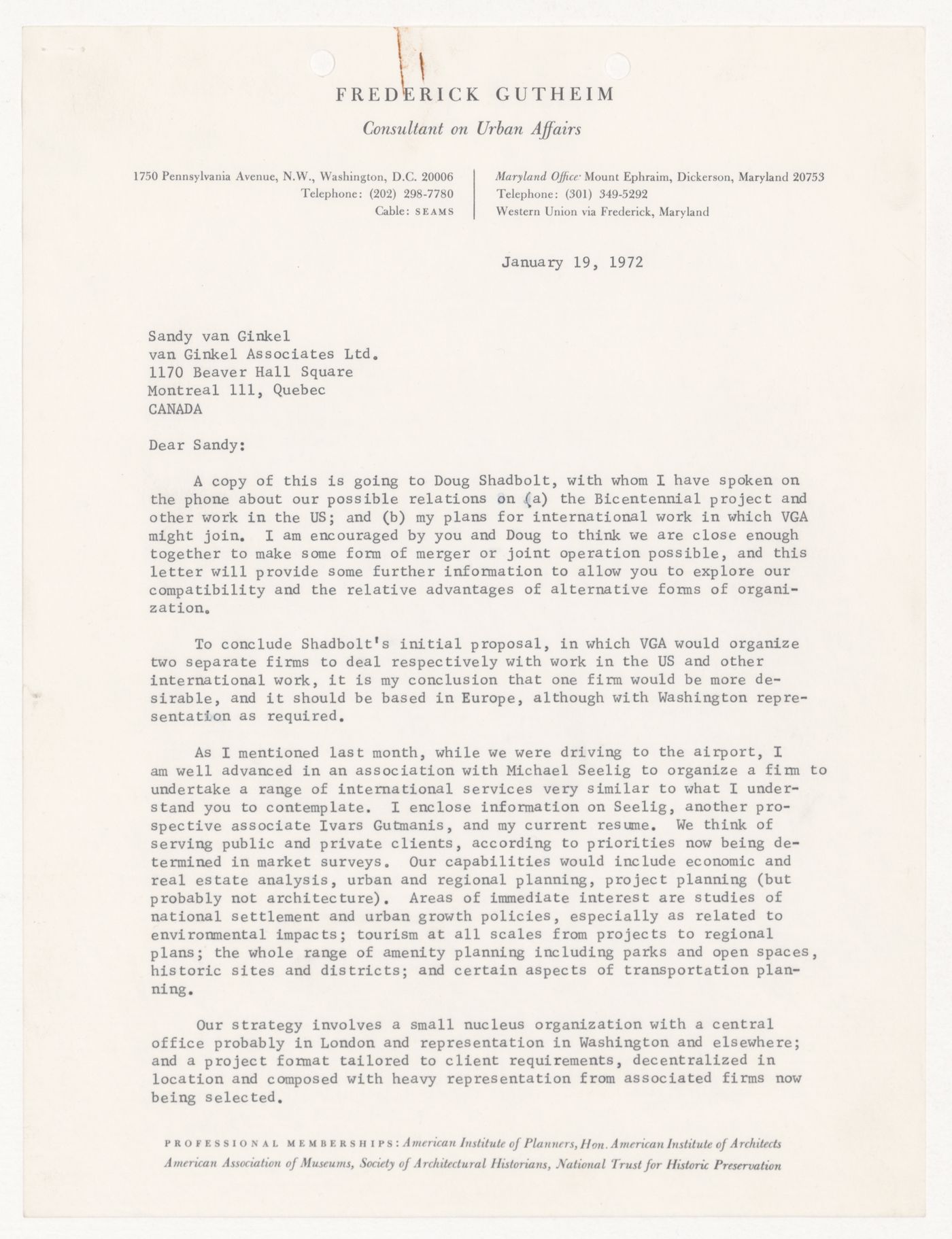 Letter from Frederick Gutheim to H. P. Daniel van Ginkel for United States One (U.S. 1)