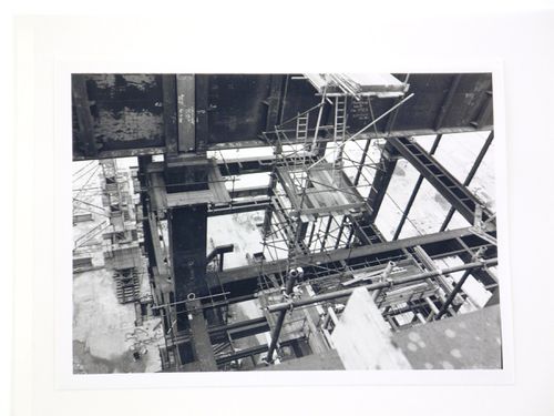 View of construction of steel structure for power station, United Kingdom