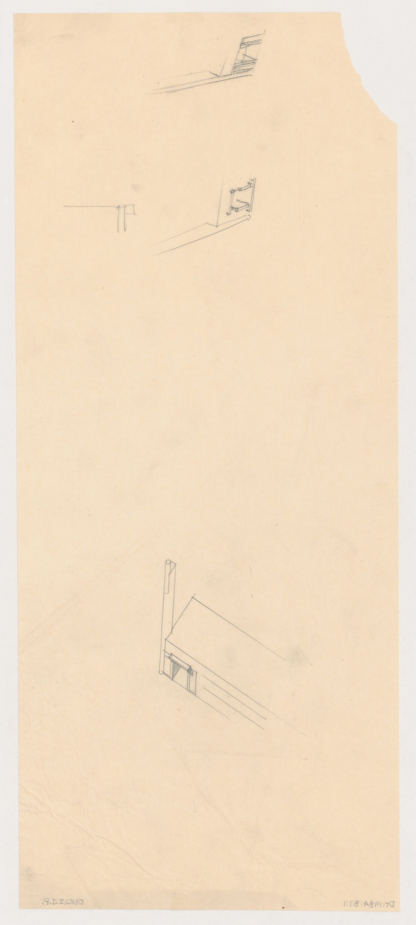 Partial bird's-eye sketch axonometrics for a doorway for the church for Kiefhoek Housing Estate, Rotterdam, Netherlands