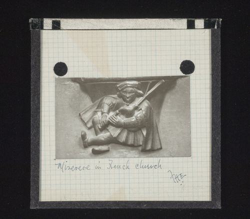 View of a misericord in a French church, France