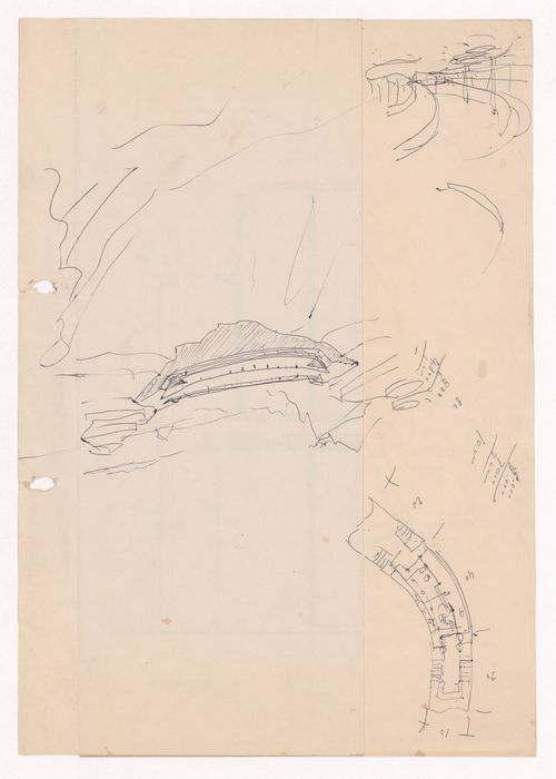 Sketch plan, perspective and axonometric view for Restaurante Pico do Areeiro, Madeira, Portugal