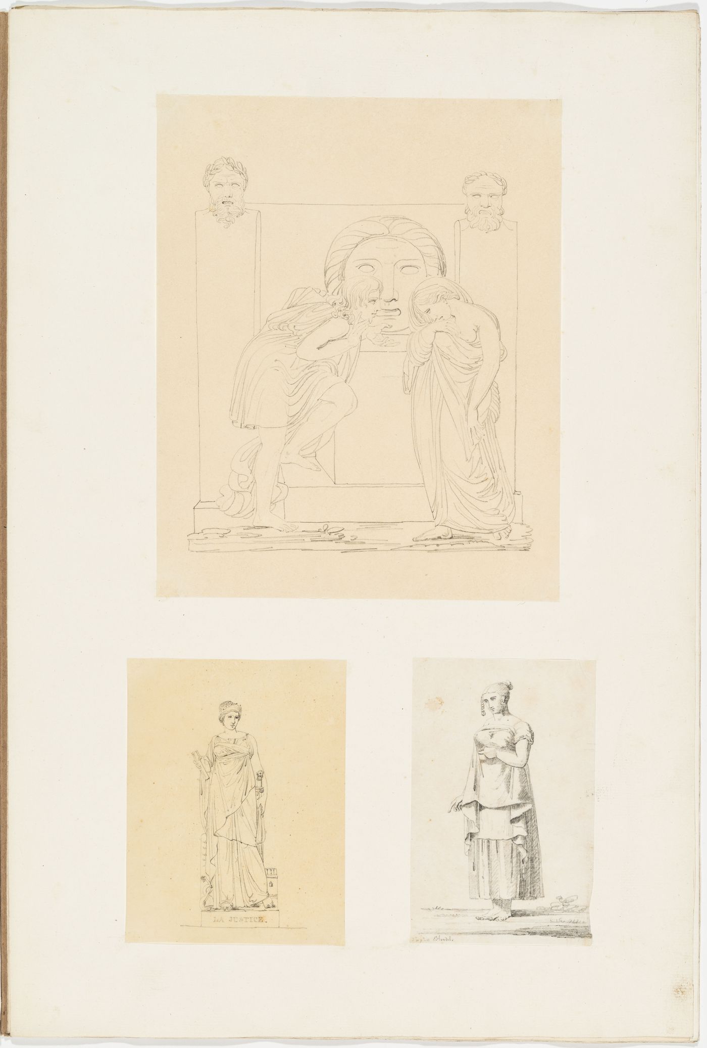Drawing of one male and one female figure in front of a tombstone with two herms; Drawing of a female statue, "LA JUSTICE.", possibly after Auguste-Alexandre Dumont; Drawing of a female figure after Blondel