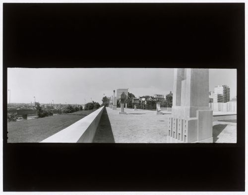 Panorama showing the allegorical columns from the east, CCA garden, Montréal, Québec, Canada