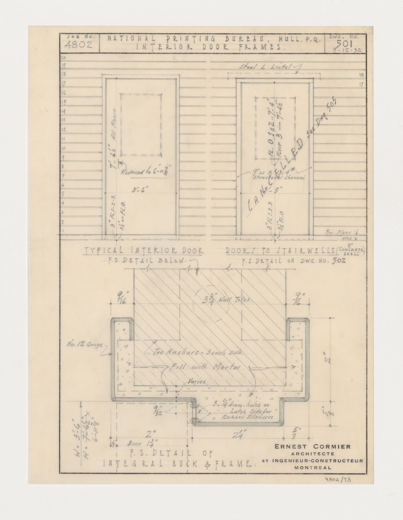 Élévations et détails des cadres de porte intérieure, Imprimerie Nationale du Canada, Hull, Québec, Canada