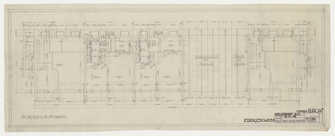 Ground floor plans for type D, type DL1 and type DL2 store and housing units, Hellerhof Housing Estate, Frankfurt am Main, Germany