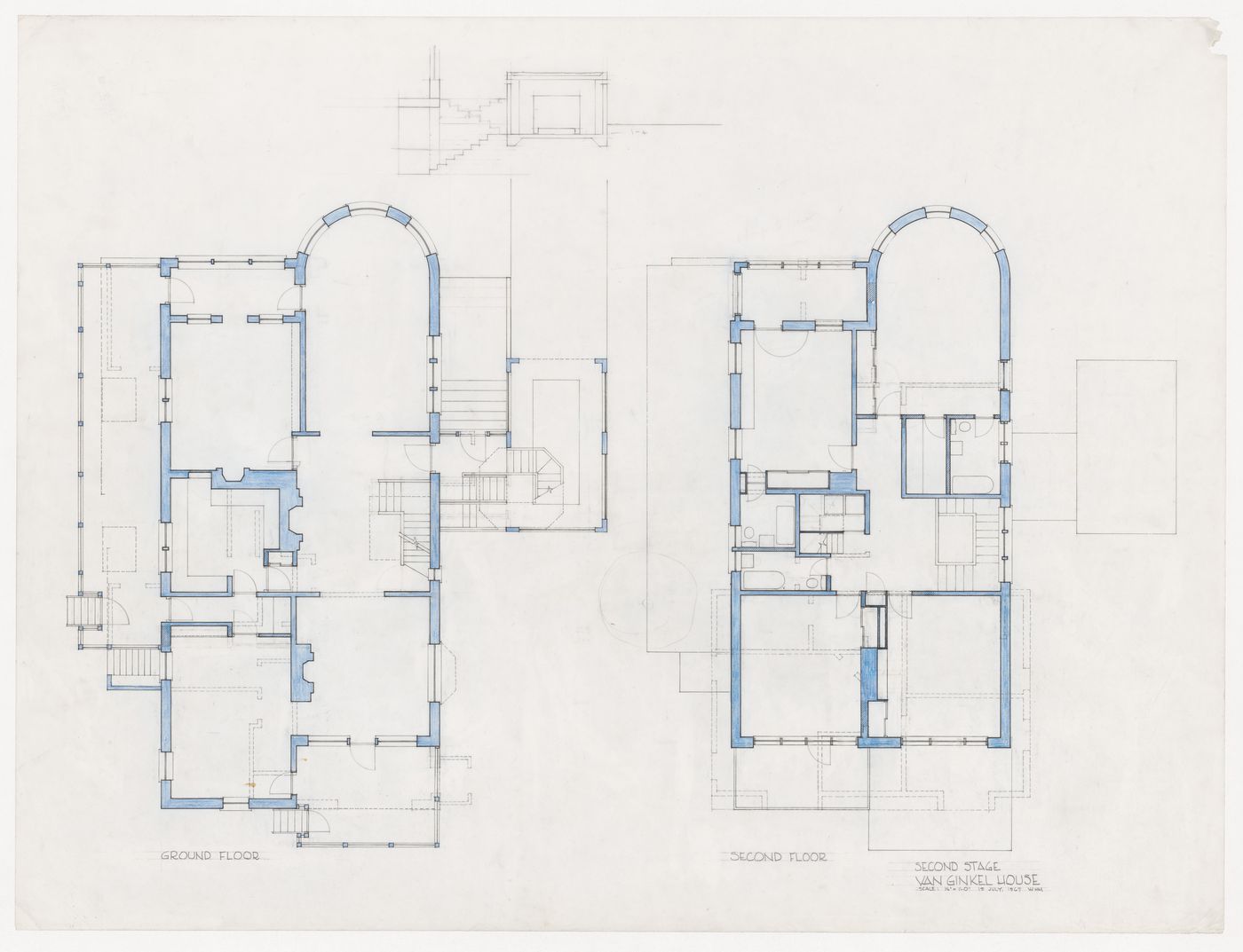 Ground floor and second floor plans for Van Ginkel House, Winnipeg, Manitoba