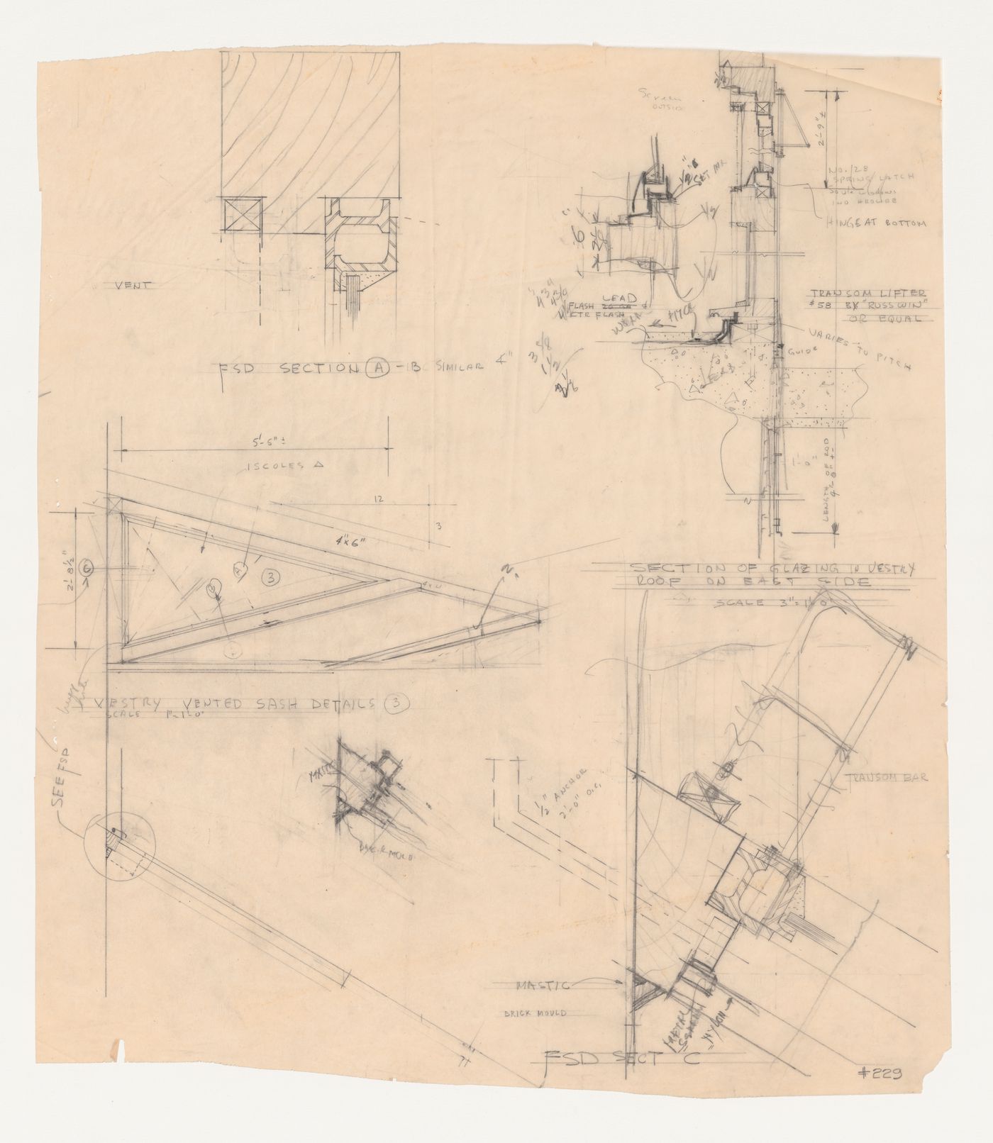 Wayfarers' Chapel, Palos Verdes, California: Elevation, plan and four sections for vestry window sashes