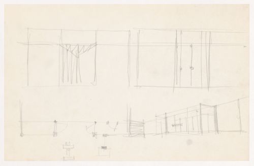 Sketch elevations, perspective sketch, sketch plan and sketch sectional details for entrance for the Metallurgy Building, Illinois Institute of Technology, Chicago