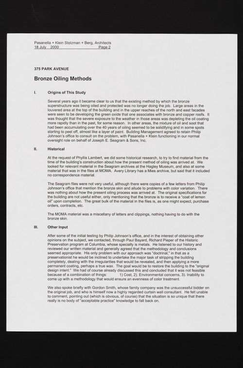 Interim report on new bronze oiling method for Seagram Building, 375 Park Avenue, New York, New York