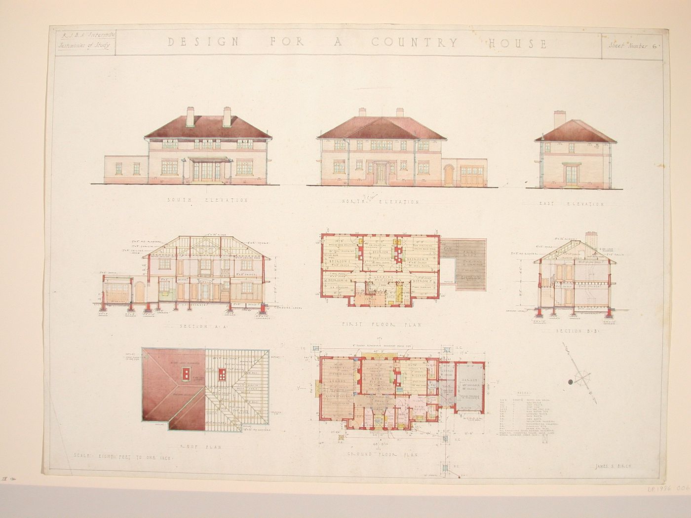 Testimony of study drawing showing plans, elevations and sections of a design for a country house