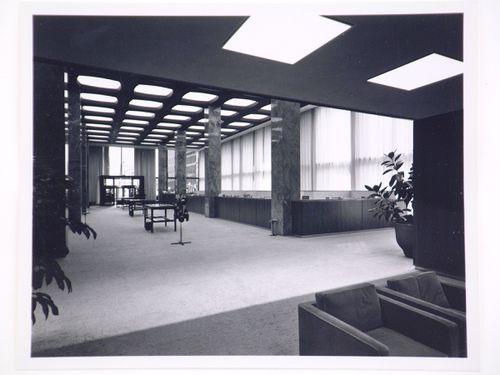 Interior view of the customer counter area on the ground floor of the Hartford National Bank and Trust Company building, Hartford, Connecticut, United States