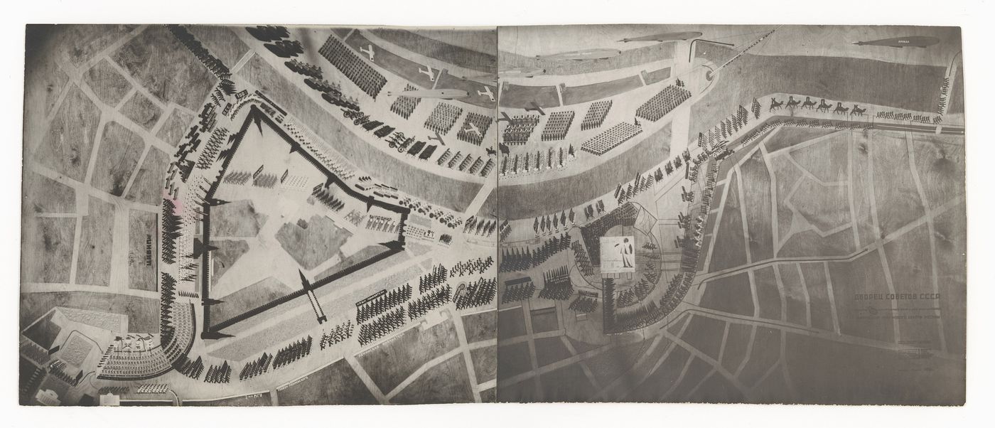Photograph of a plan of the center of Moscow showing an elevation for a competition [?] for a Palace of Soviets on the site of the Khram Khrista Spasitelia (Temple of Christ the Savior), Moscow