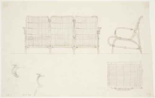 Elevations, a plan and details for three cane chairs, Göteborgs rådhusets tillbyggnad [courthouse annex], Göteborg, Sweden