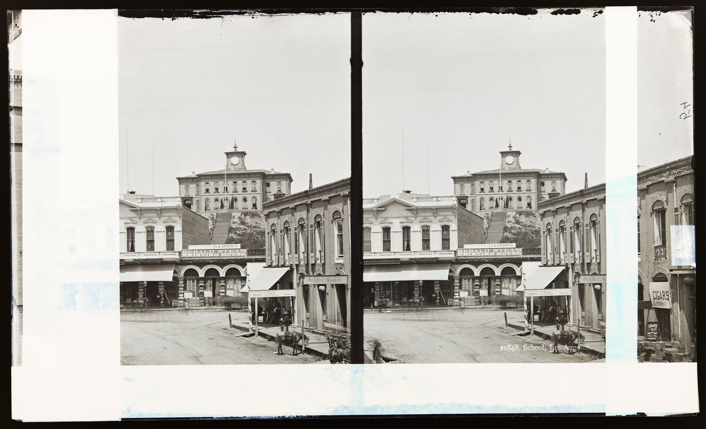 Stereograph of First Los Angeles High School on Poundcake Hill (now Fort Moore Hill), Los Angeles, Califonia, United States of America (relocated 1887)