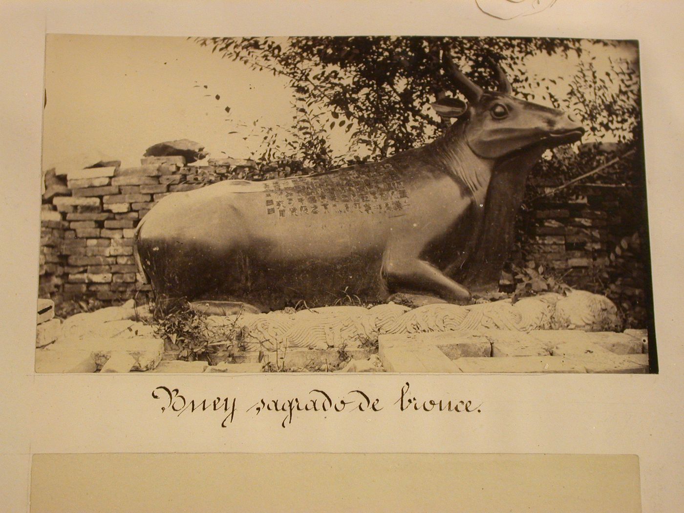 View of a statue of a black bull with inscriptions carved on it's back, Garden of the Clear Ripples [Qing Yi Yuan] (now known as the Summer Palace or Yihe Yuan), Peking (now Beijing), China