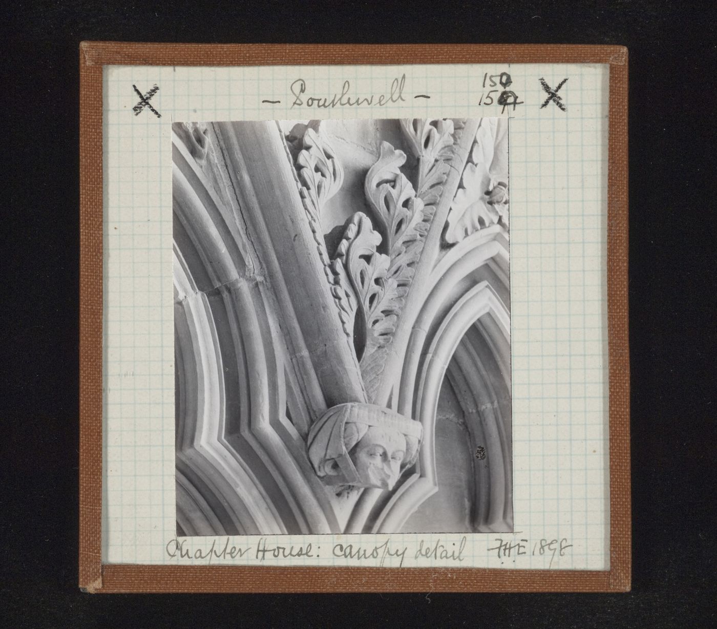 Detail view of canopies with sculpture of head in Chapter House, Southwell Minster, Southwell, Nottinghamshire, England