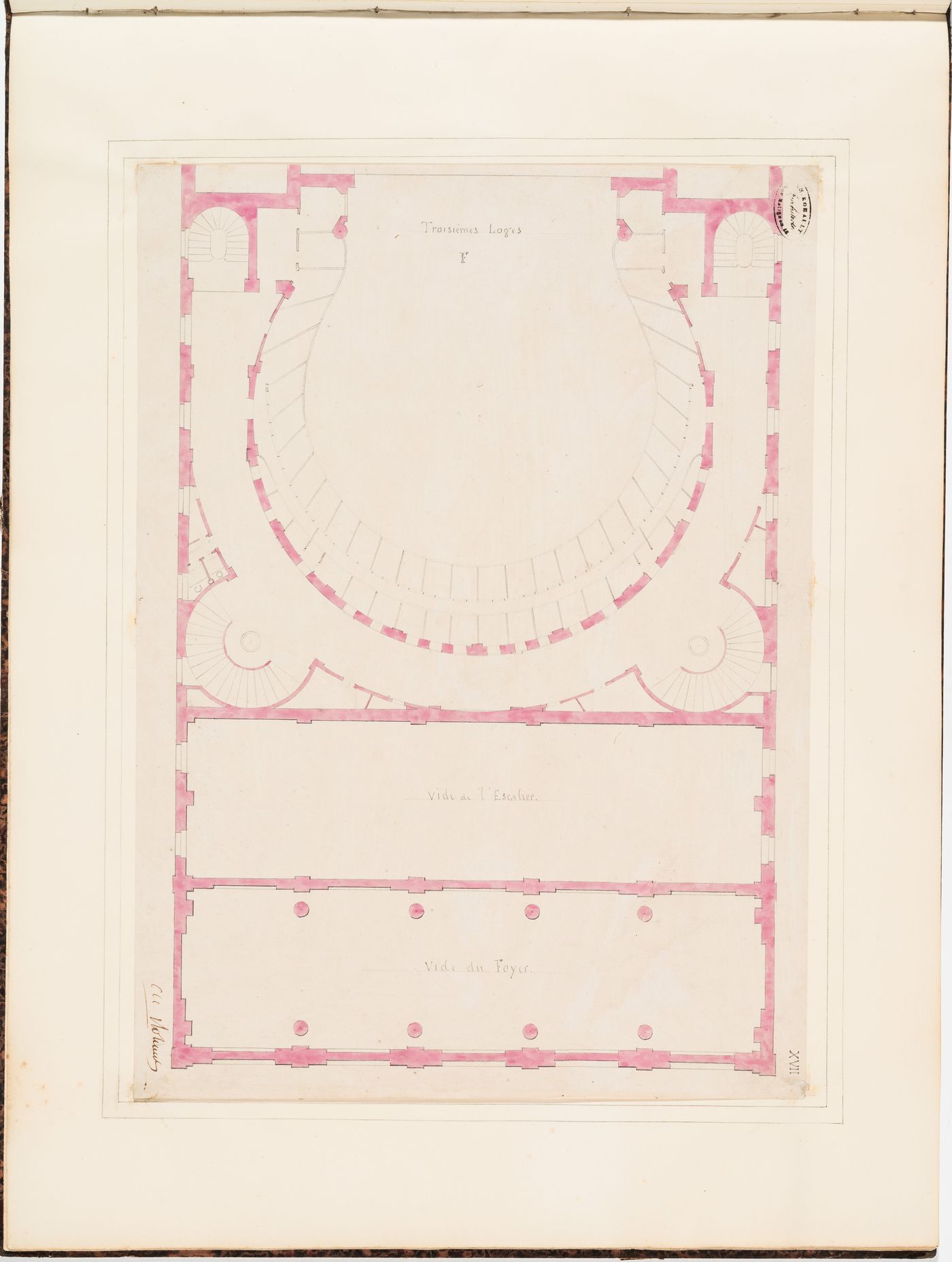 Partial plan for the "troisièmes loges", level F, of the Théâtre Royal Italien