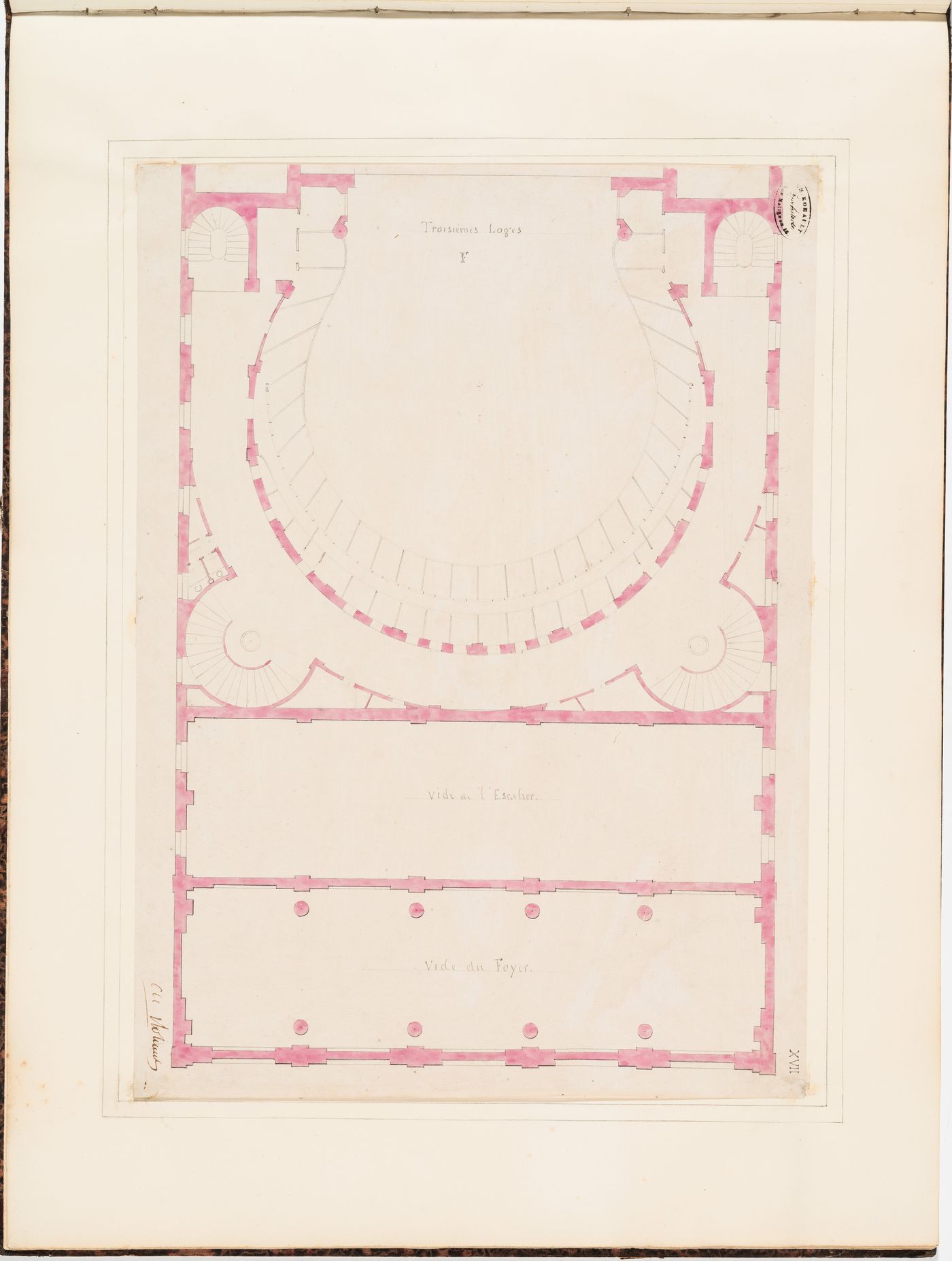 Partial plan for the "troisièmes loges", level F, of the Théâtre Royal Italien