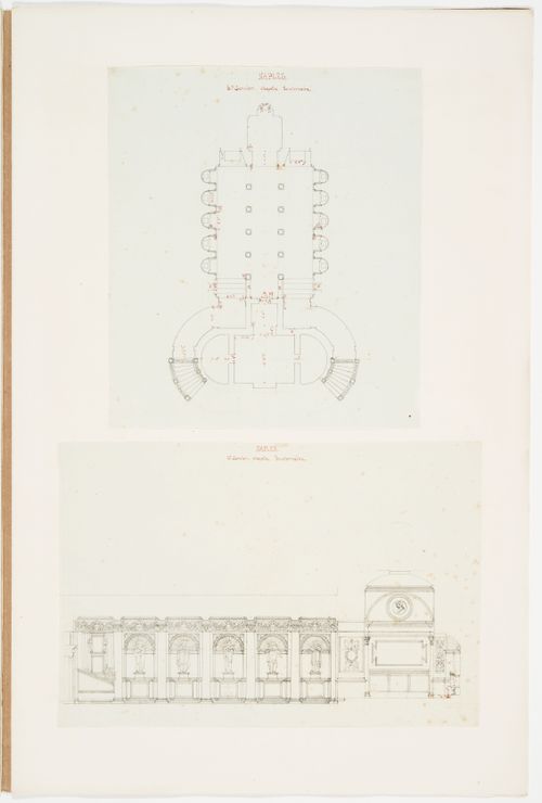 Ground plan of Cappella del Soccorso, Cathedral San Gennaro, Naples; Longitudinal section showing sculpture and details of the inter-columnar niches from Cappella del Soccorso, Cathedral San Gennaro, Naples