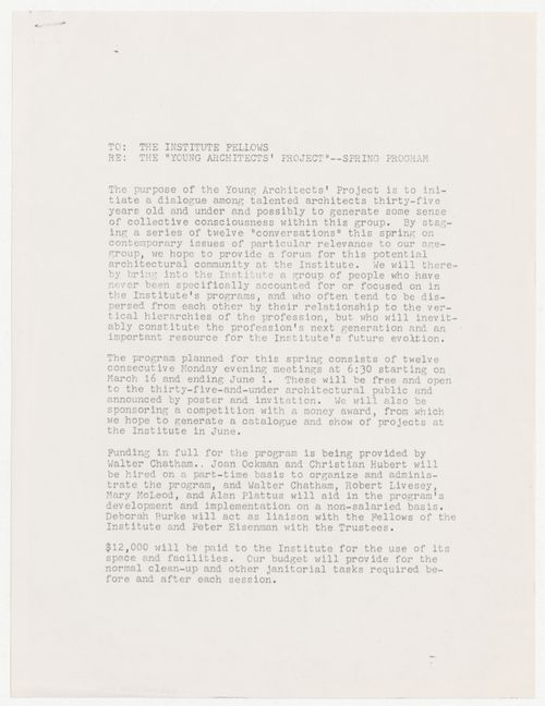 Memorandum from Peter Wolf to the Fellows and visiting Fellows with attached proposal for Young Architects Project spring program
