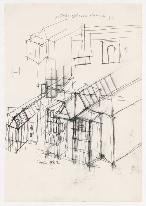 Perspective sketches, sketch elevations and sketch axonometric for Centro Direzionale, Florence