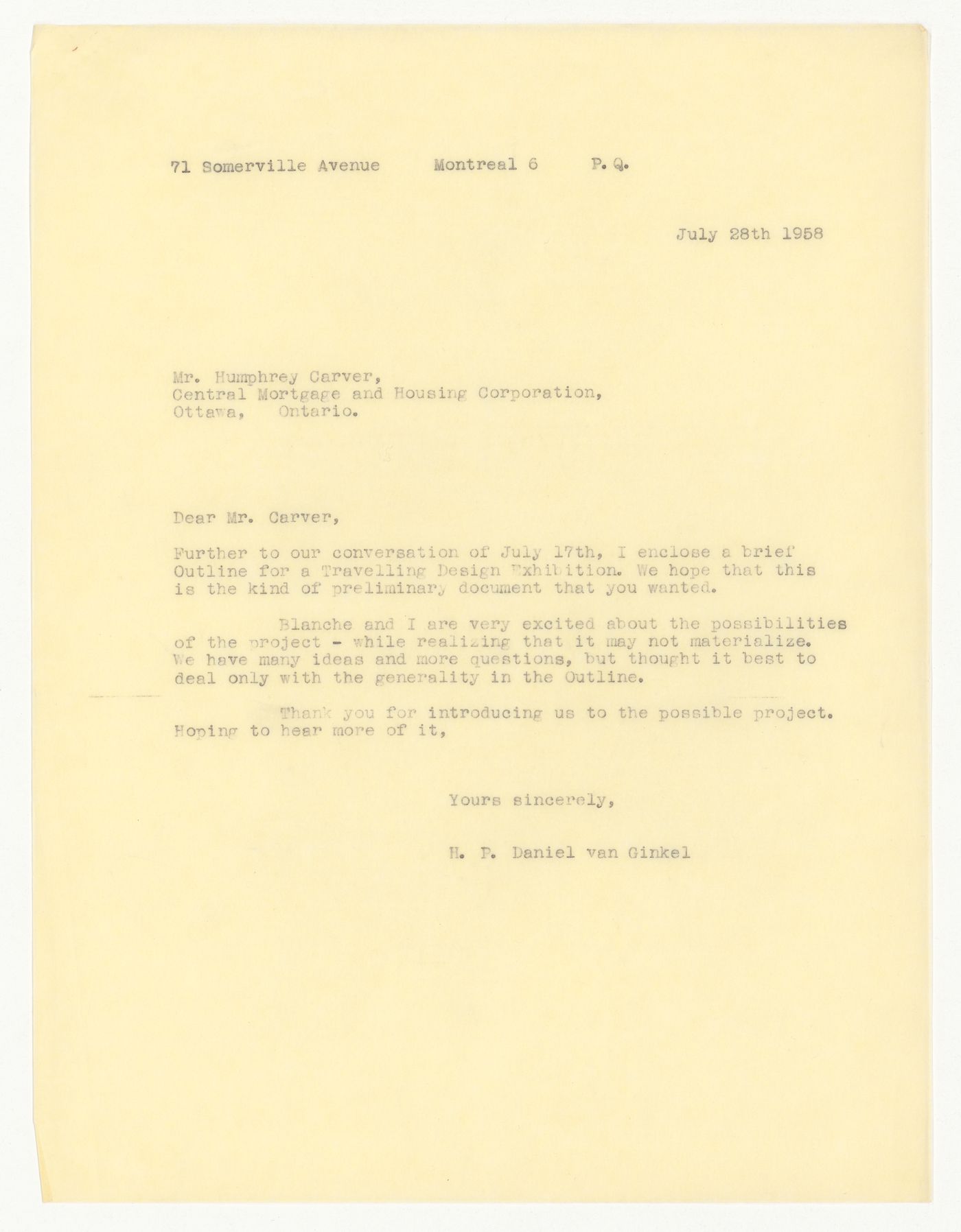 Letter from H. P. Daniel van Ginkel to Humphrey Carver with attached outline proposition for a travelling design exhibition for CMHC Exhibition