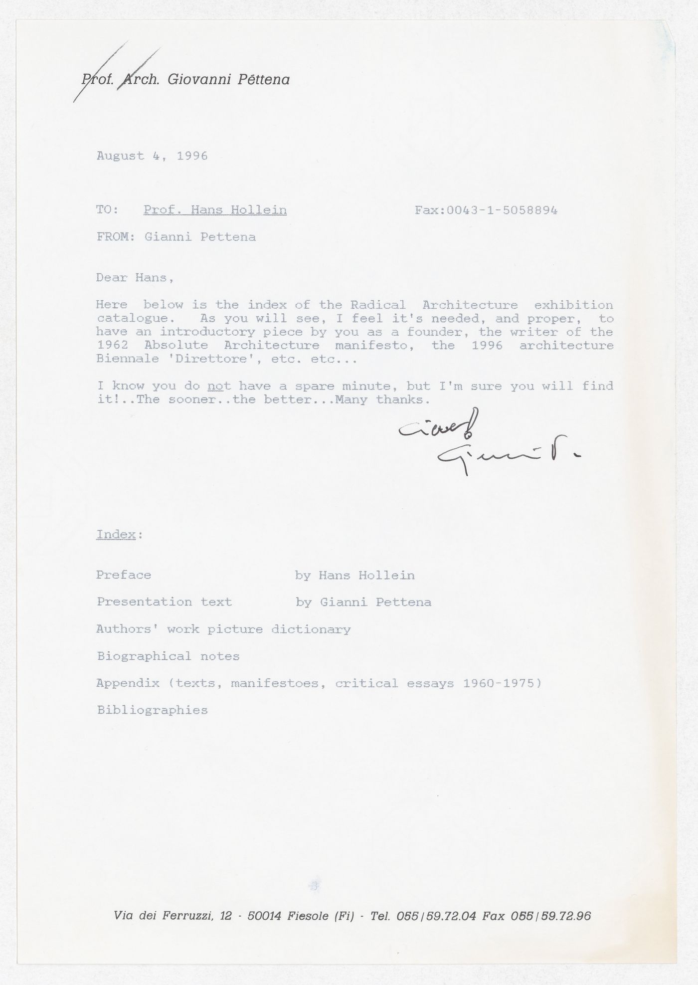 Correspondence to Hans Hollein reagrding the exhibition Radicals. Architecttura e Design 1960-1975