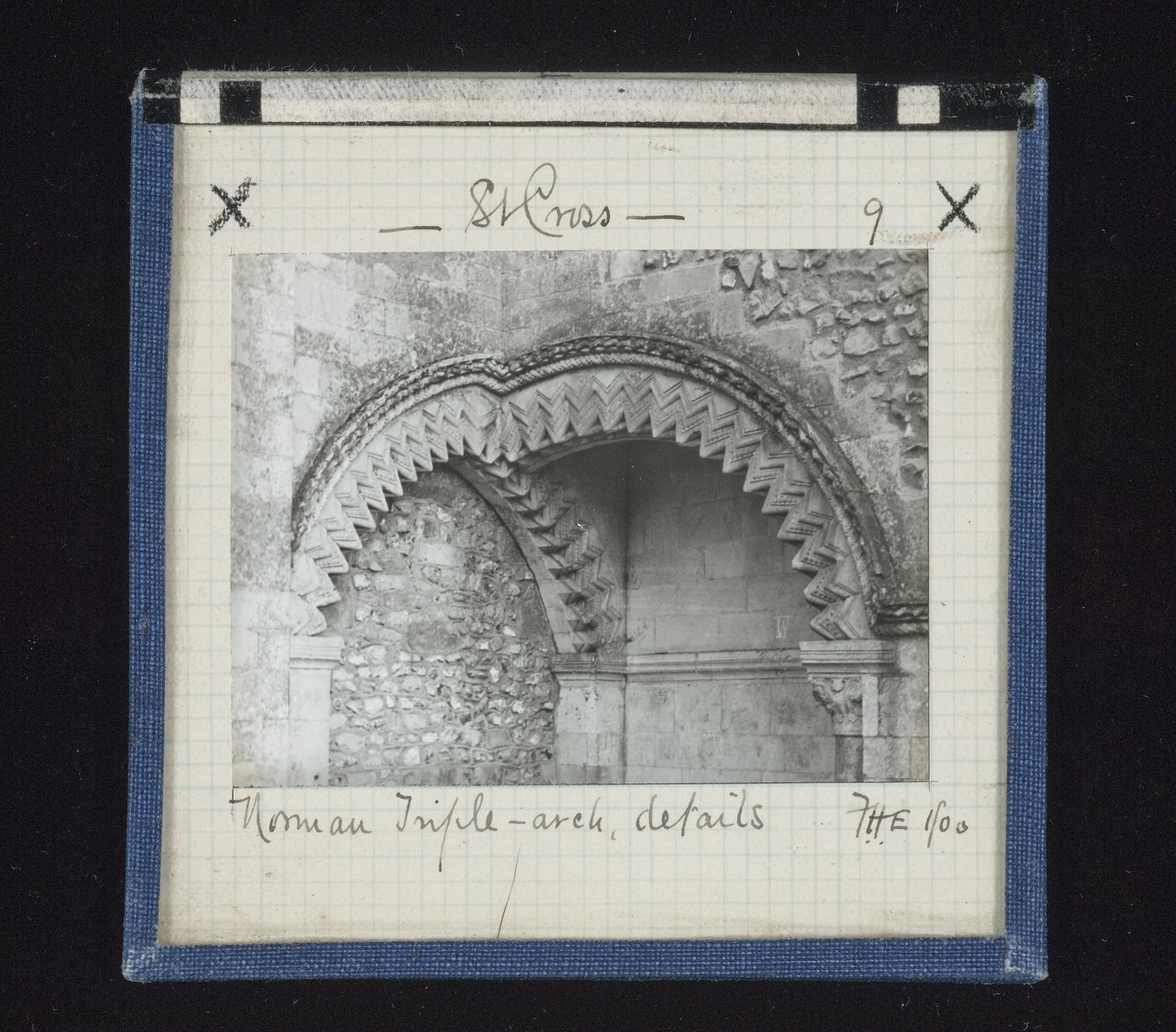 Detail view of blind, pointed arch intersected at apex by segmental arch, St. Cross Church, Winchester, Hampshire, England