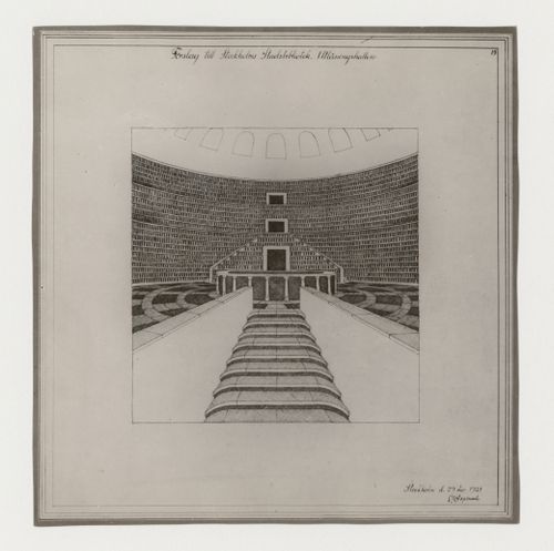 Photograph of a perspective drawing for the lending hall for Stockholm Public Library, 51-55 Odengatan, Stockholm