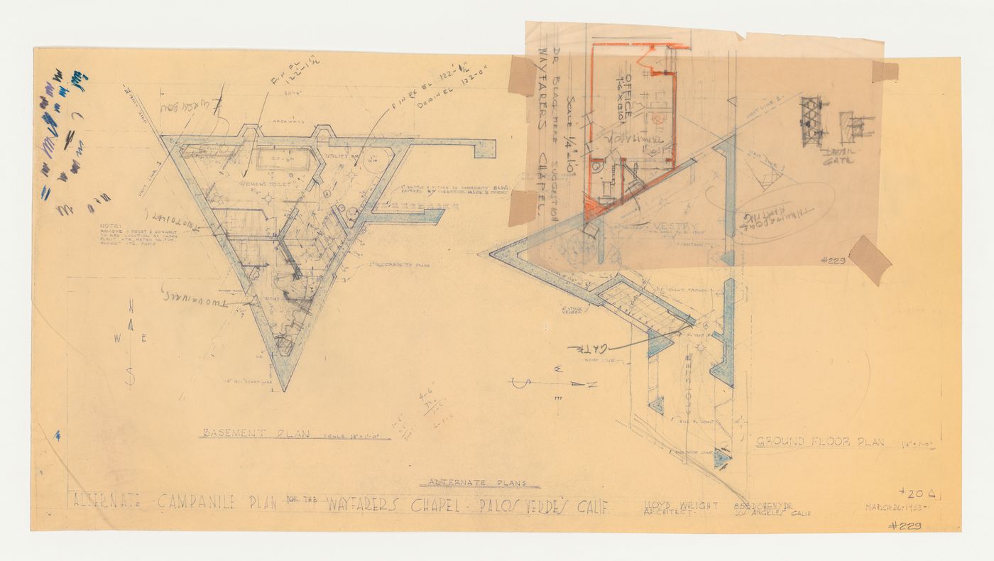 Wayfarers' Chapel, Palos Verdes, California: Plans for basement and ground floor for the vestry and campanile, with a flap showing a plan for an office