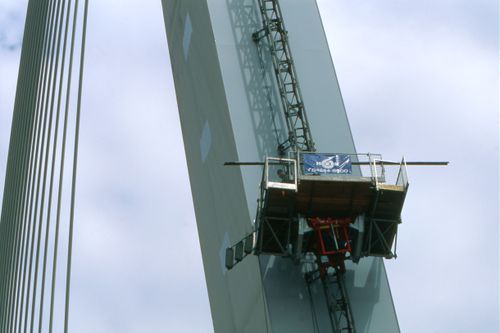 View of pylon under construction, Erasmus Bridge construction, Rotterdam