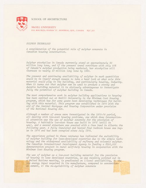 Text by Witold Rybczynski on the potential role of sulphur concrete in Canadian housing construction