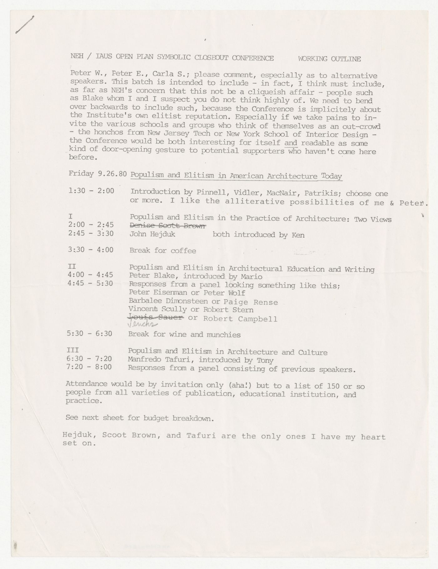 Working outline for symbolic closeout conference for Open Plan